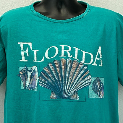 Vintage Florida Beach T Shirt Mens OSFM XXL 2XL Green 90s Seashells Pocket USA