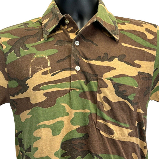 Terrific Terrys Wing Ding Vintage 80s Polo T Shirt Small Camouflage Mens Brown