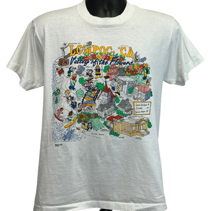 Camiseta vintage con mapa de Lompoc, California, talla mediana, años 90, Valley of Flowers, para hombre, color blanco