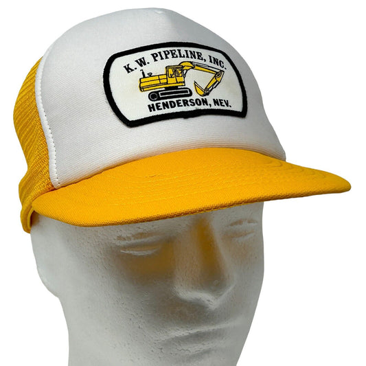KW Pipeline Inc Patch Vintage 90s Trucker Hat Yellow Backhoe Mesh Baseball Cap