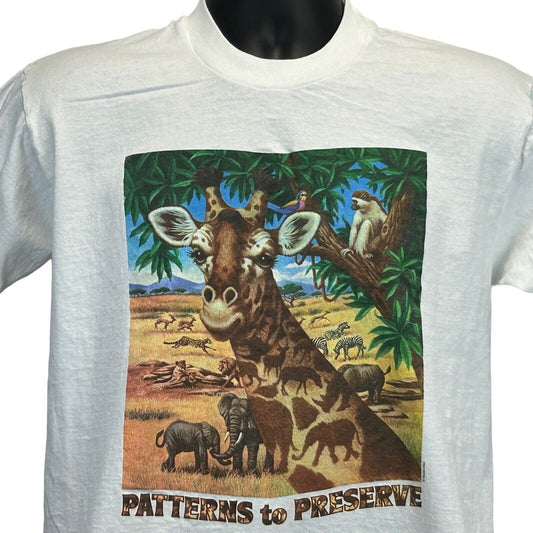 African Safari Vintage T Shirt Medium 90s Giraffe Patterns to Protect Mens White