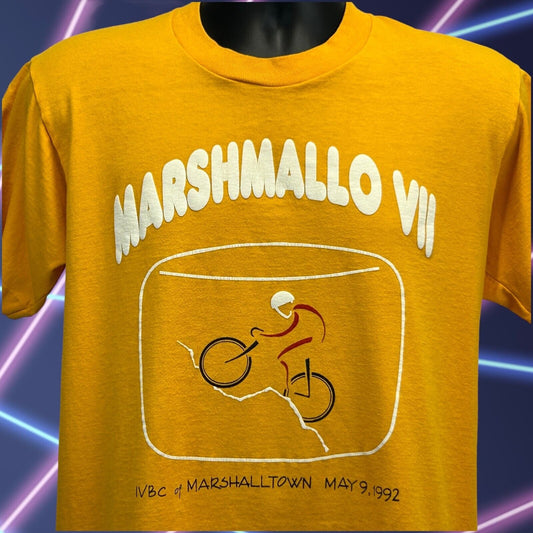 复古 Marshmallo 自行车骑行 T 恤 中号 90 年代 Marshalltown 自行车 男式 黄色