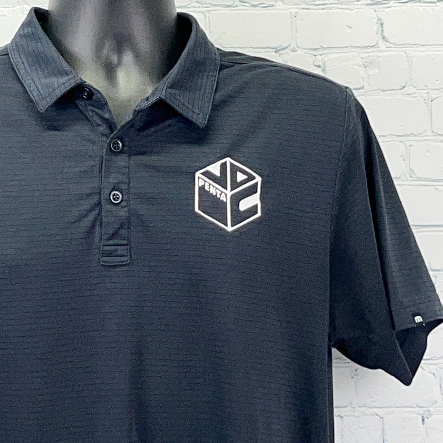 Travis Mathew Bayfront PENTA Polo Shirt Black Striped Short Sleeve Mens L Large