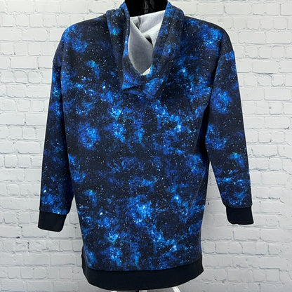Hot Topic Galaxy Tunic Hoodie Womens M Medium Blue Black Space Nebula Hooded