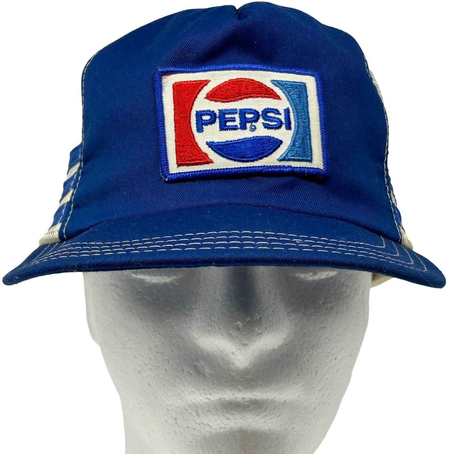 Pepsi Cola Patch 3 Stripe Snapback Trucker Hat Vintage 80s Blue USA Baseball Cap