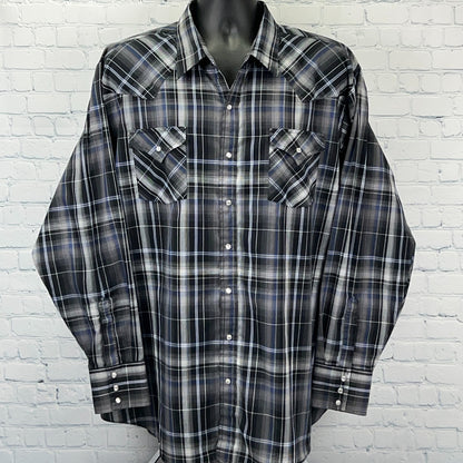 Ely Cattleman Pearl Snap Button Front Shirt Western LS Plaid Black 2XL Tall XXLT