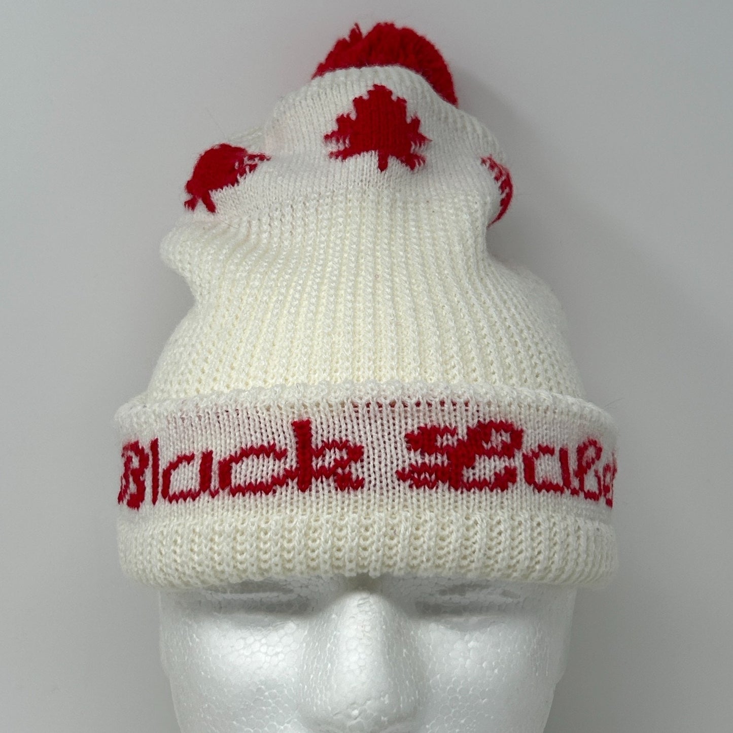 Vintage Carling Black Label Beer Cuffed Pom Pom Beanie Toque Winter Hat White