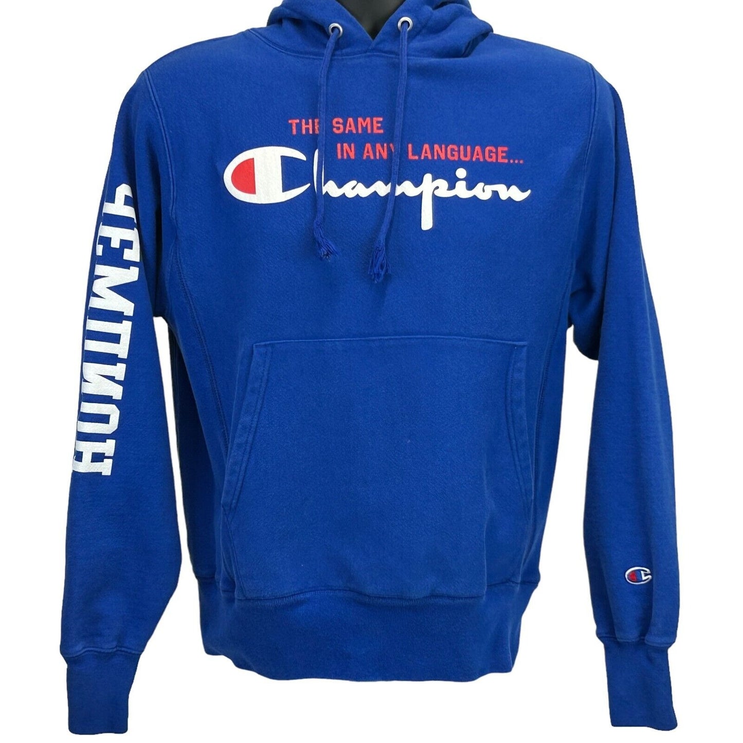 Champion Same In Any Language Hoodie Small Hooded Sweatshirt Mens Blue