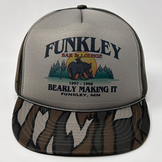 Vintage 90s Funkley Bar and Lounge Hat Baseball Cap Gray Camo Minnesota Snapback