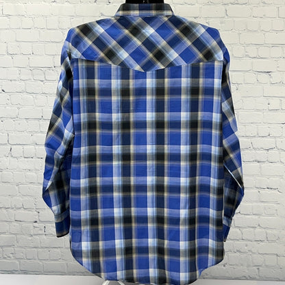 Ely Cattleman Pearl Snap Button Front Shirt Western LS Plaid Blue Mens 2XL XXL
