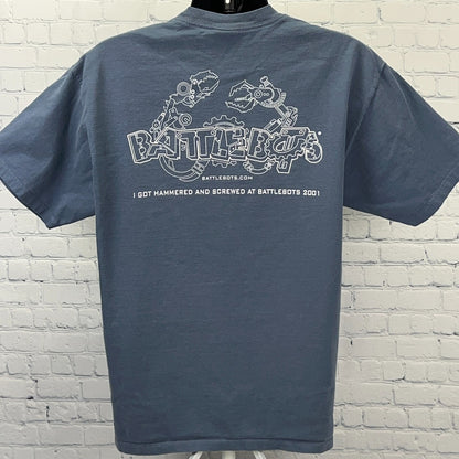 Vintage Battlebots 2001 Hammered Screwed T Shirt Treasure Island Blue L Large