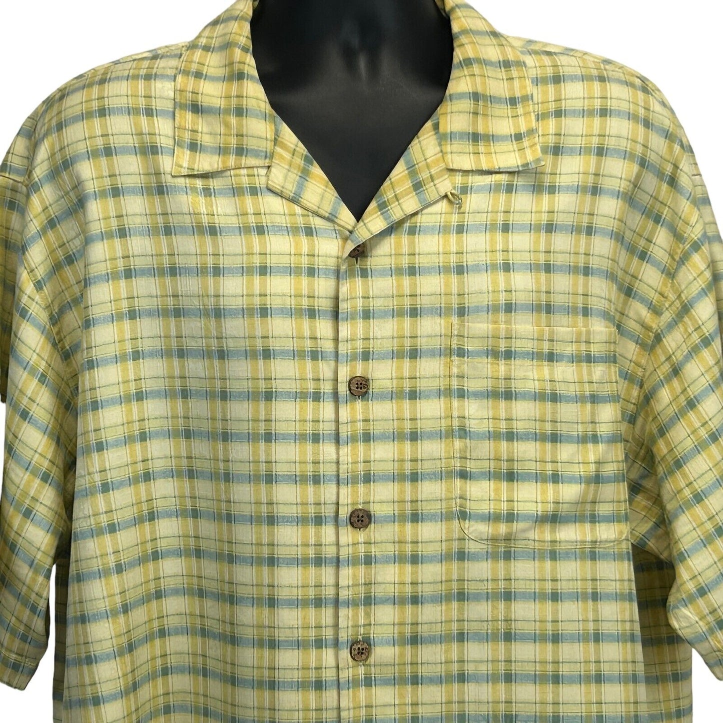 Tommy Bahama Silk Plaid Hawaiian Button Front Camp Shirt Yellow Short Sleeve XL