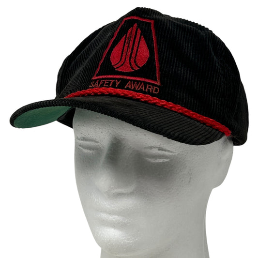 Vintage 80s Safety Award Hat Cap Black Corduroy Snapback Rope Roping Cord Corded