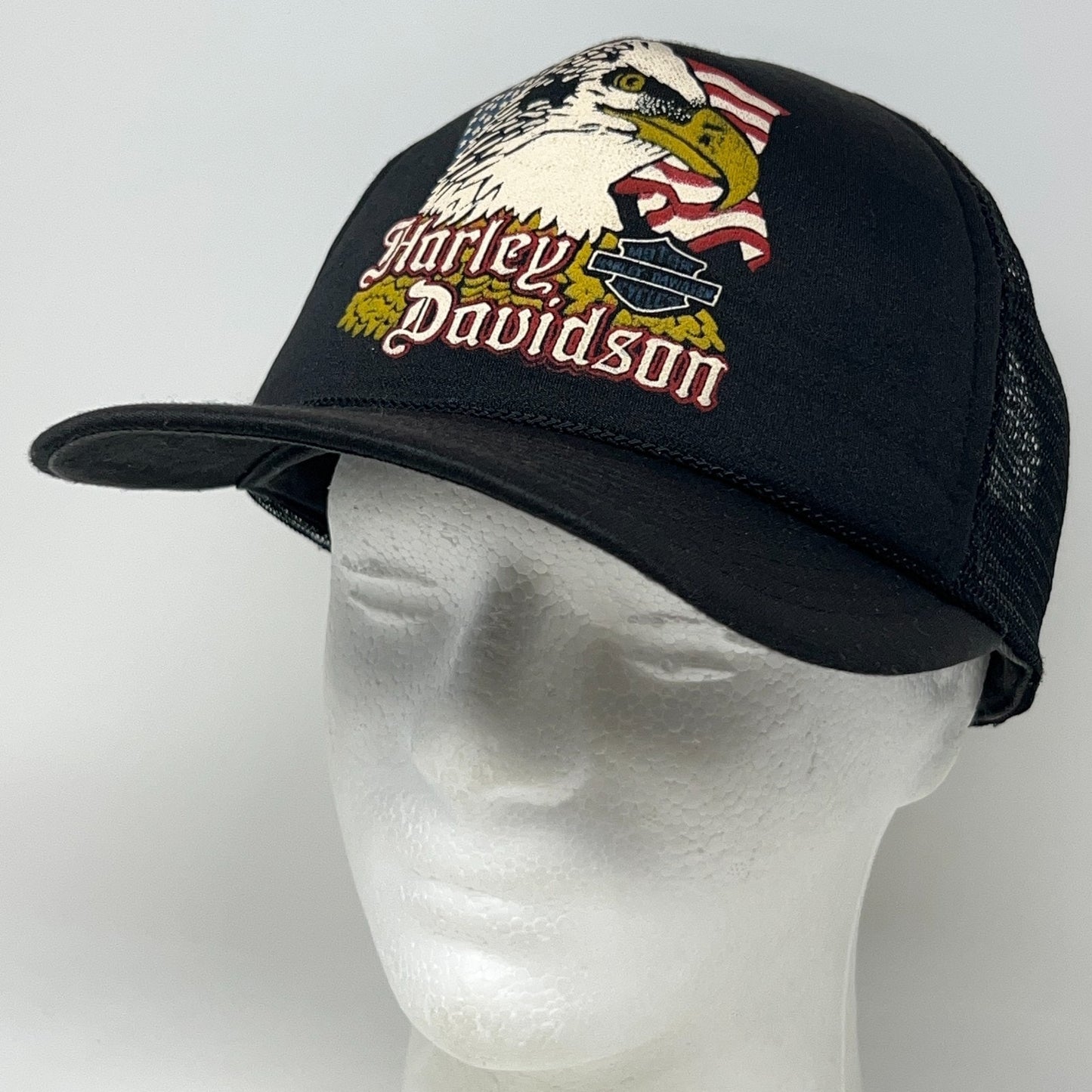 Vintage 80s Harley Davidson Trucker Hat Baseball Cap Eagle Flag Snapback Black