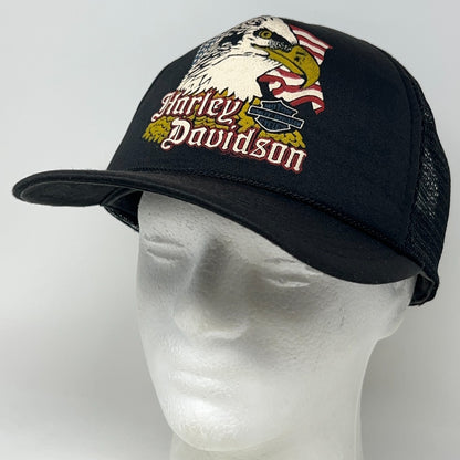 Vintage 80s Harley Davidson Trucker Hat Baseball Cap Eagle Flag Snapback Black