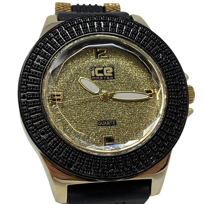 Ice Master Reloj de pulsera de cuarzo con esfera de brillo dorado negro y esfera redonda de 12 horas No 7128