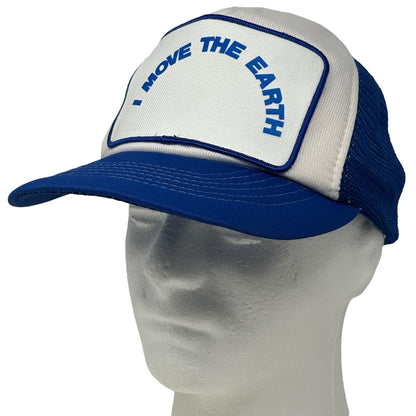 Vintage 80s I Move The Earth Patch Trucker Hat Cap Blue Mesh Snapback 5 Panel