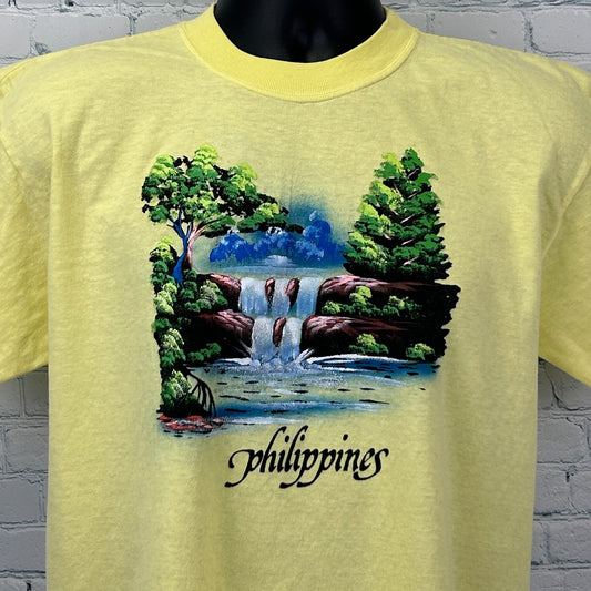 Vintage 90s Philippines T Shirt Filipino Hand Painted Waterfall Yellow M Medium