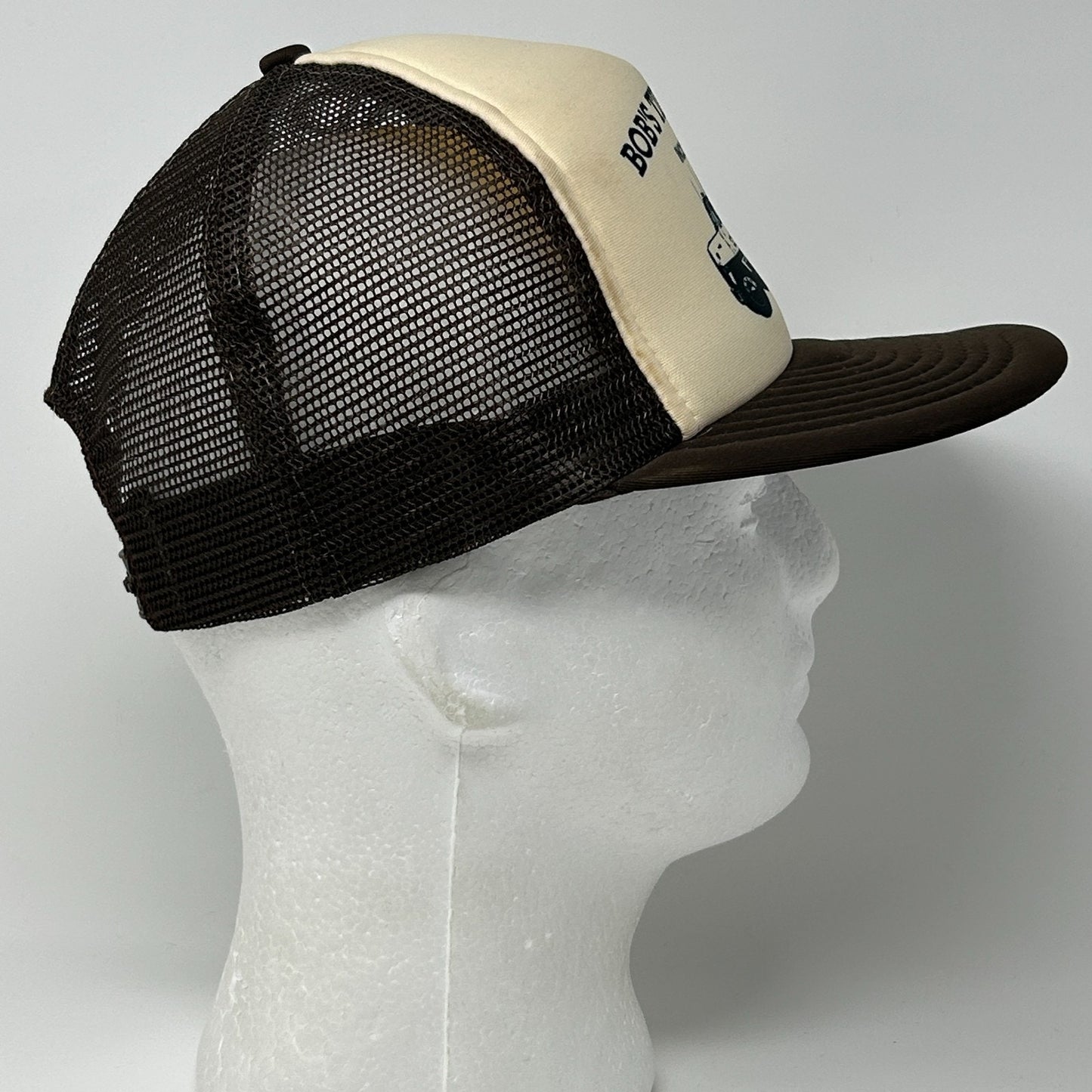 Vintage 80s Bobs Tire Service Trucker Hat Baseball Cap Mesh Snapback Brown