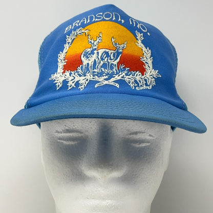 Vintage 80s Branson Missouri Trucker Hat Baseball Cap Hunting Blue Mesh Snapback