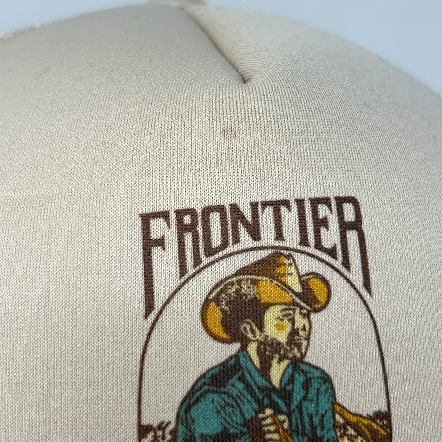 Vintage 80s Frontier Flaked Feed Trucker Hat Baseball Cap Farmer Beige Snapback - Neon Vintage