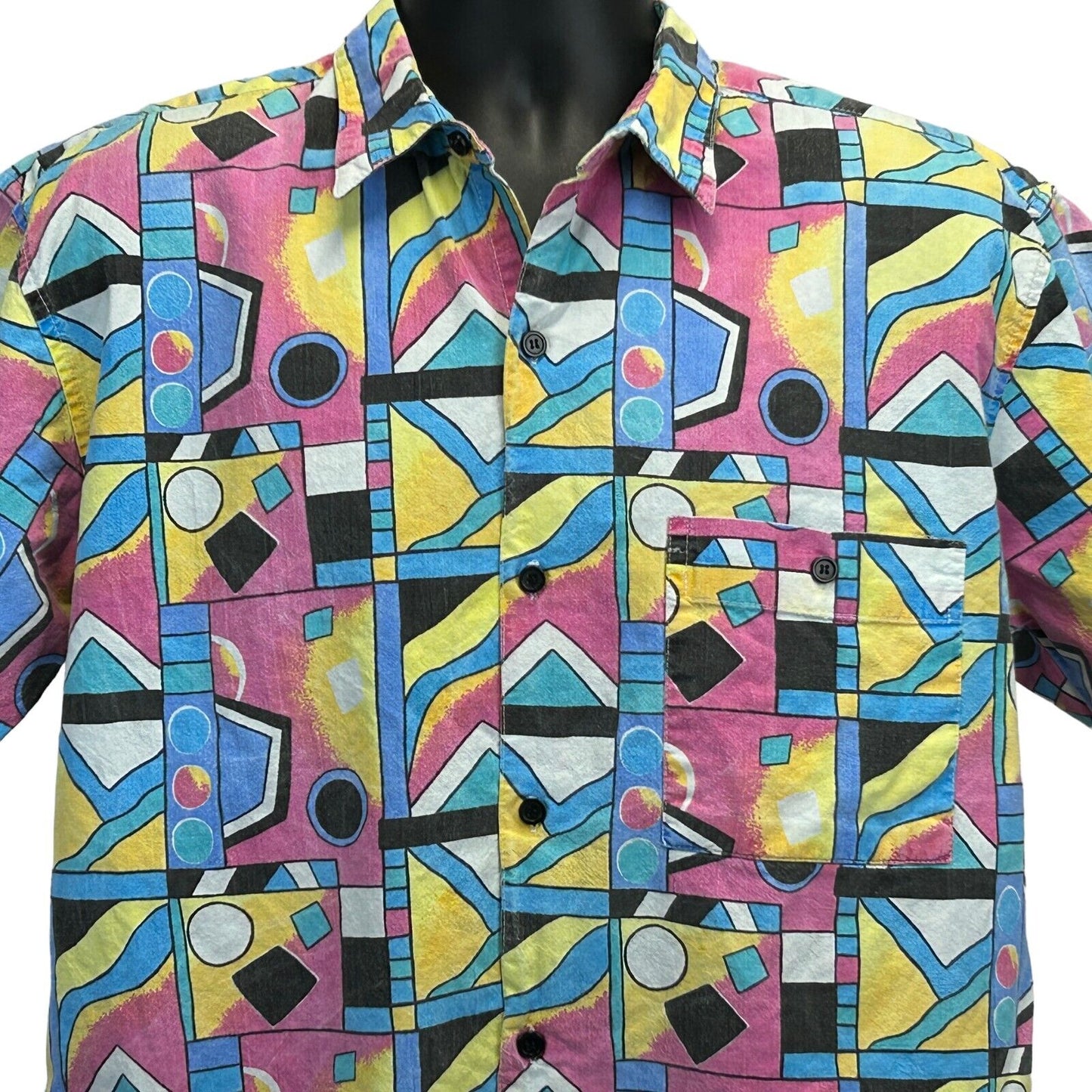 Vintage 90s Geometric Button Front Shirt Medium Skater Surfer Surfing Mens Pink