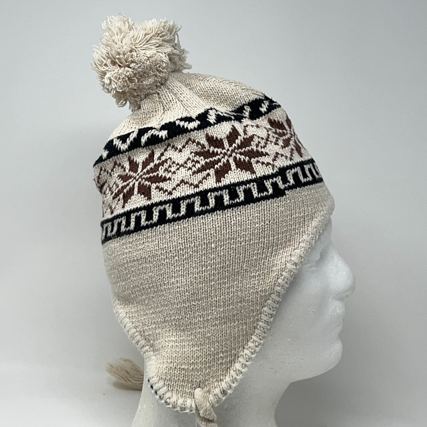 Beige Brown Ear Flap Winter Hat Beanie One Size Knit Pom Tassel Fleece Lined