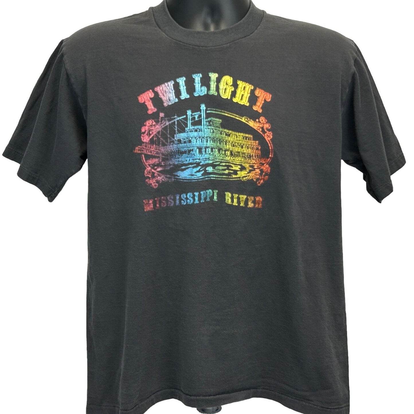 Camiseta de barco fluvial Mississippi Twilight River, talla grande, vintage, años 80, para hombre, color negro