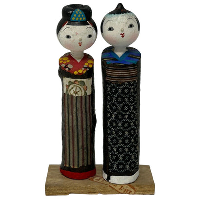 Vintage Japanese Wooden Ceramic Kokeshi Dolls Husband Wife Couple Handmade