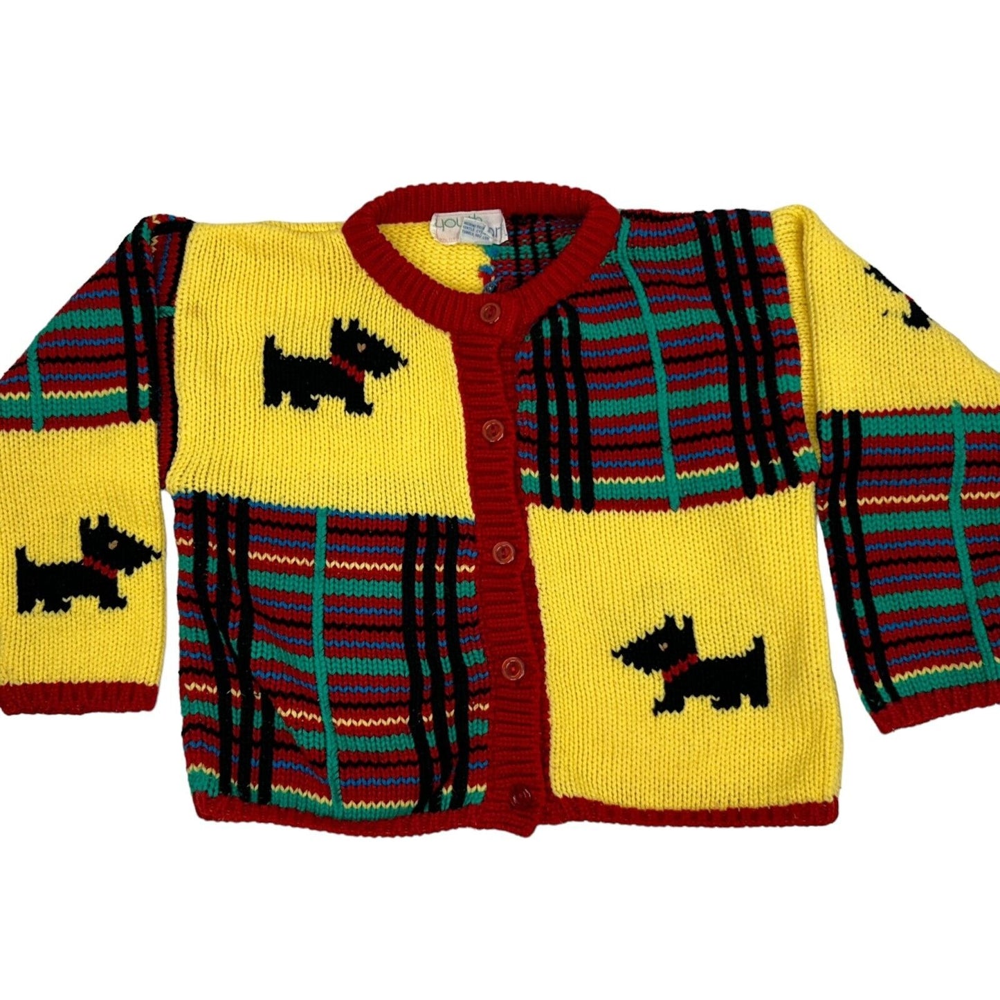 Vintage Scottie Dog Girls Cardigan Sweater Small Plaid Scottish Terrier 80s Red