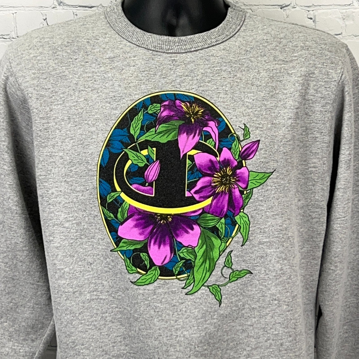 Champion Powerblend Floral Logo Crewneck Sweatshirt S Small Gray Purple Flowers