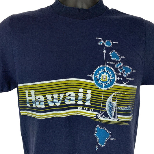 Camiseta vintage Hawaii No Ka Oe de los años 70, talla XS, talla X, color azul hawaiano, fabricada en EE. UU.