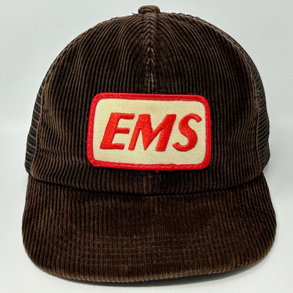 EMS Patch Corduroy Snapback Trucker Hat Vintage 80s Brown USA Made Baseball Cap