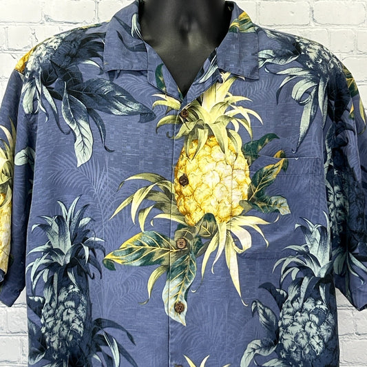 Tommy Bahama Hawaiian Camp Shirt Floral Pineapple Pocket Silk Blue L Large - Neon Vintage