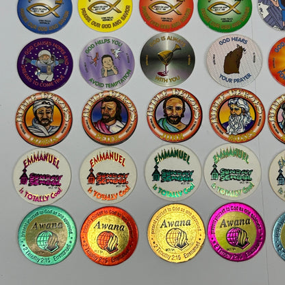 Vintage 90s Lot of 70 Christian Milk Caps Pieces Pogs Slammers Mats Jesus Bible