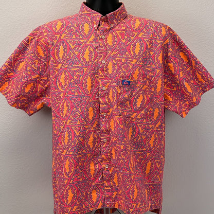 Vintage 80s 90s Quiksilver Button Front Shirt Surfer USA Blaze Orange M Medium