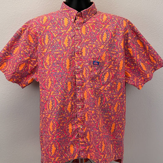 Vintage 80s 90s Quiksilver Button Front Shirt Surfer USA Blaze Orange M Medium - Neon Vintage