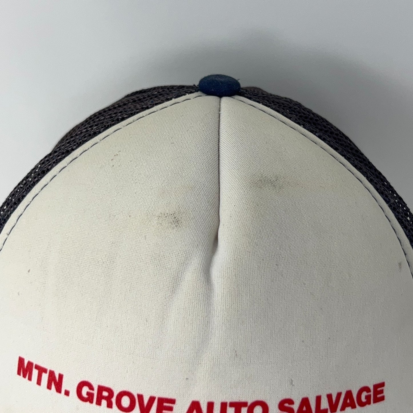 Vintage 80s Mountain Grove Auto Salvage Trucker Hat Baseball Cap Snapback Blue