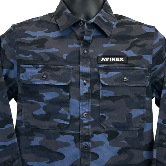 Camisa de camuflaje con botones en la parte delantera de Avirex, manga larga, estilo militar, para hombre, color azul