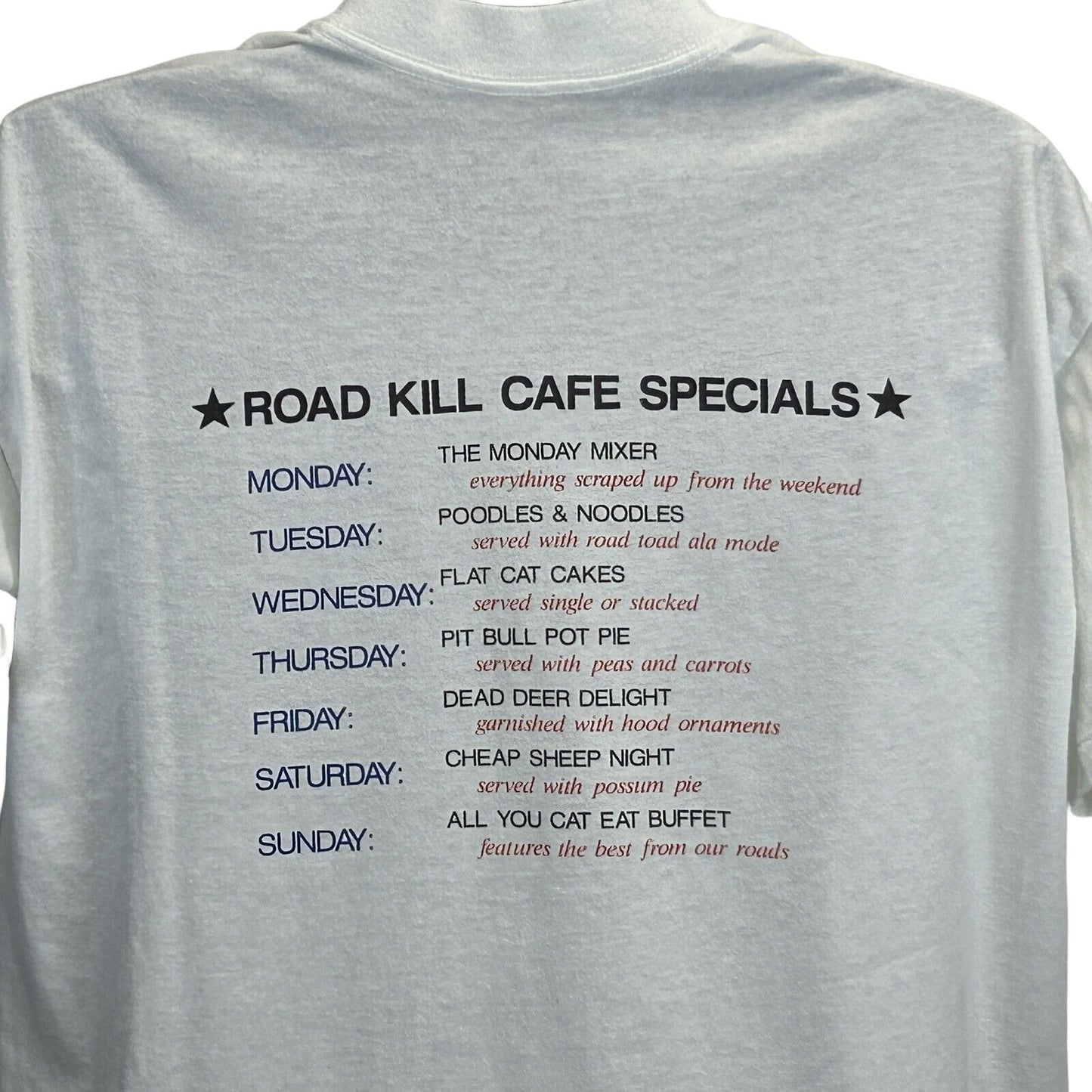 Camiseta vintage Road Kill Cafe para hombre, talla extragrande, blanca, divertida, con un solo punto y humor, años 90