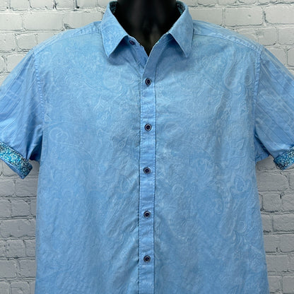 Robert Graham Paisley Button Front Shirt Short Sleeve Blue Mens L Large