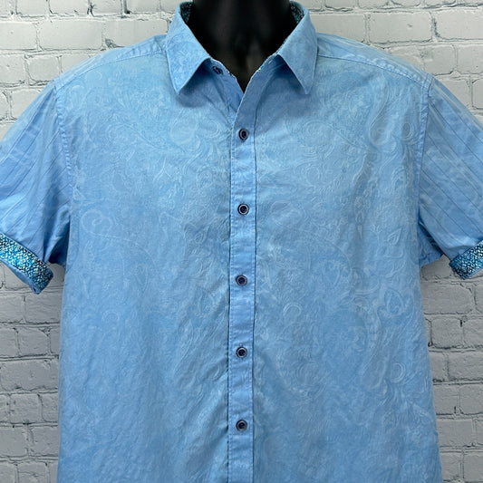 Robert Graham Paisley Button Front Shirt Short Sleeve Blue Mens L Large