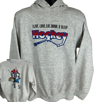 Sudadera con capucha vintage de los años 90 con texto "I Live Hockey", talla XXL, 2XL, color gris, para hombre, fabricada en EE. UU.