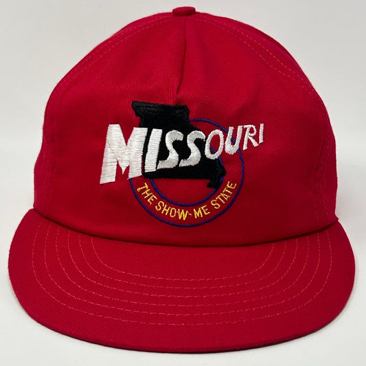 Vintage 80s Missouri The Show Me State Hat Baseball Cap Red Snapback Made In USA