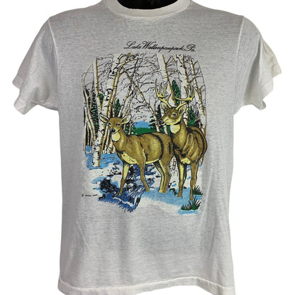 Vintage Lake Wallenpaupack Pennsylvania T Shirt 80s Small Deer Nature Mens White