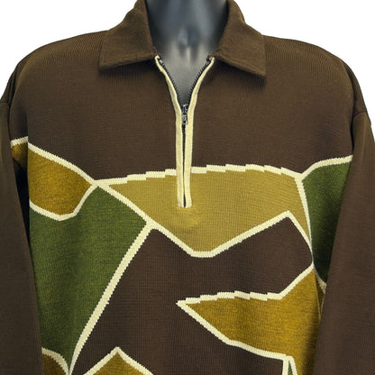 Vintage 80s 90s Collared Polo Sweater Brown Beige Green Geometric KDR Medium