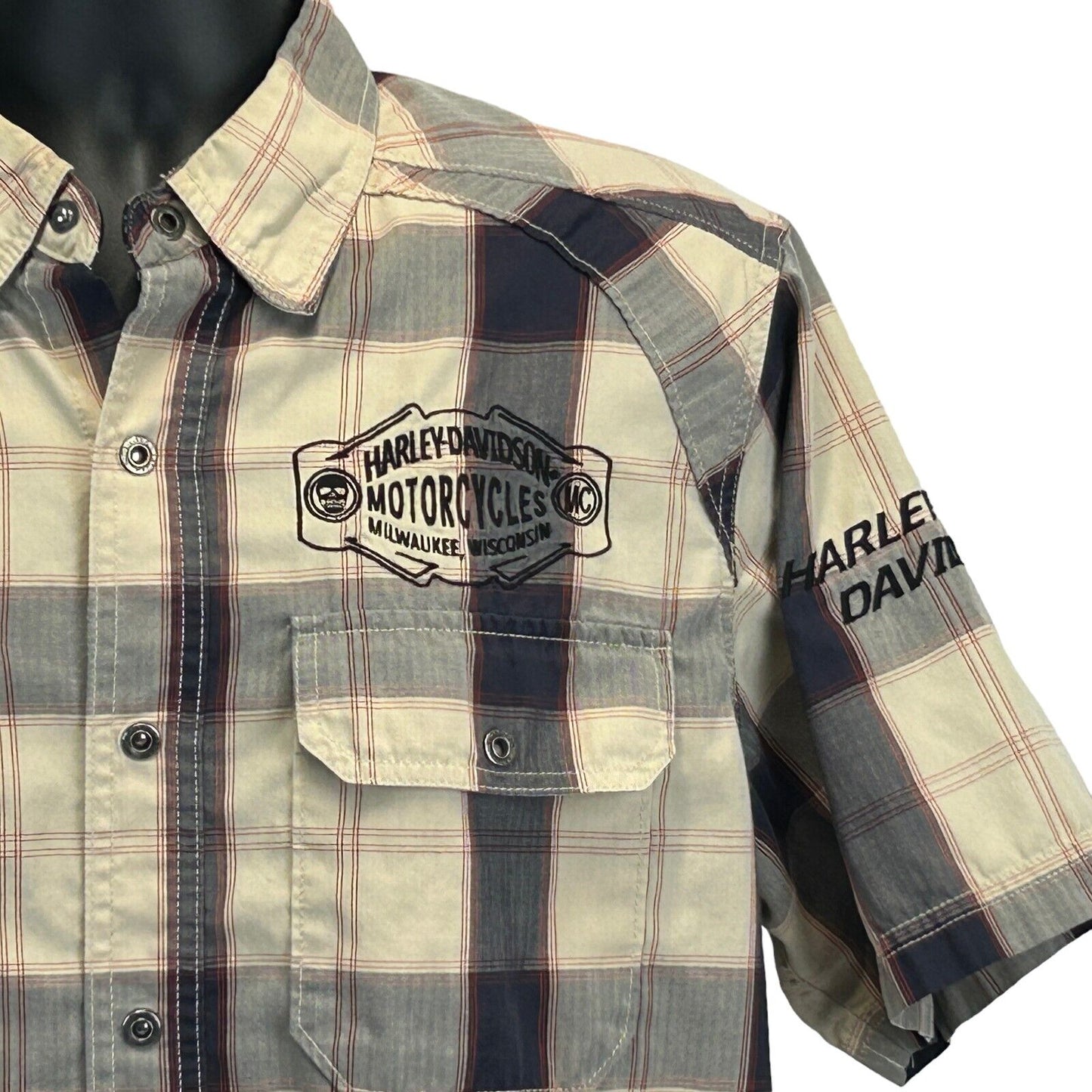 Harley Davidson Motocicletas Botón Frontal Camisa Cuadros Biker Manga Corta XL