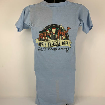 Camiseta vintage de los años 80 del torneo de dardos de Las Vegas, talla extra pequeña, para hombre, color azul del Sahara Casino