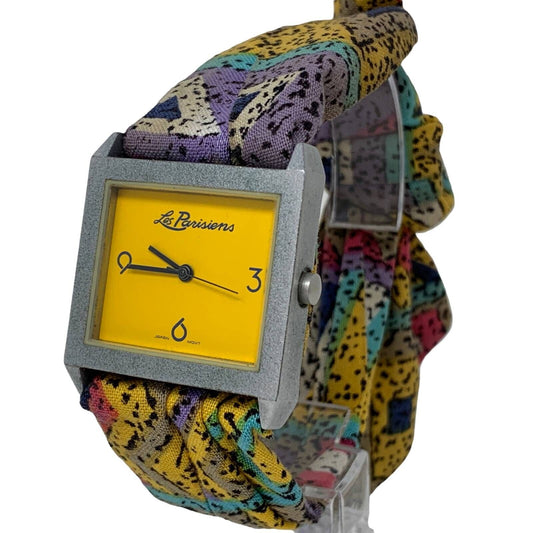 Les Parisiens Vintage 80s Womens Wristwatch Multicolor Fabric Band Yellow Face