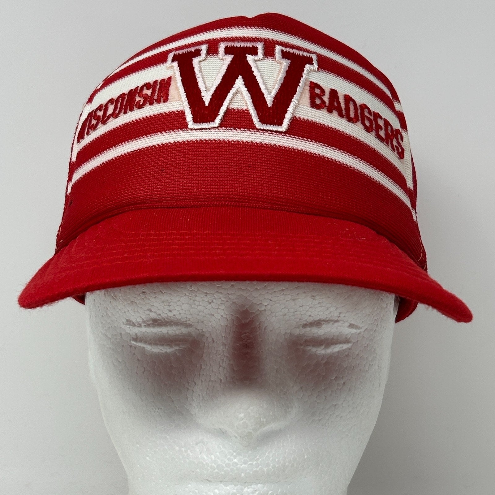 Vintage 80s Wisconsin Badgers Trucker Hat Baseball Cap Red 5 Panel Mesh Snapback - Neon Vintage